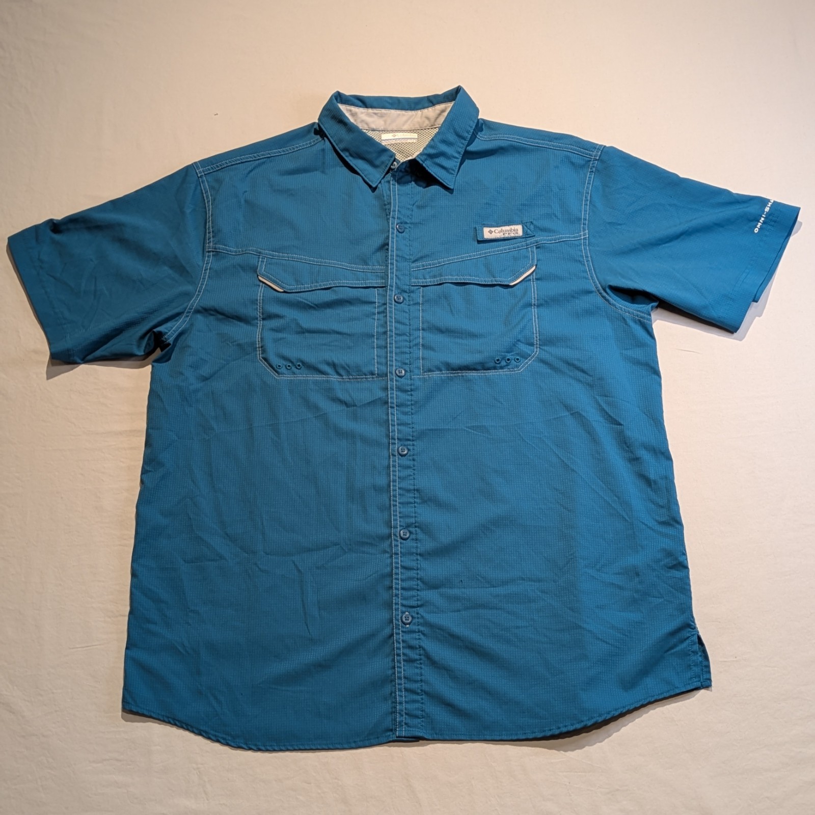 Columbia PFG Omni-Shade Mens XL Teal Blue Fishing Shirt Vented Vintage