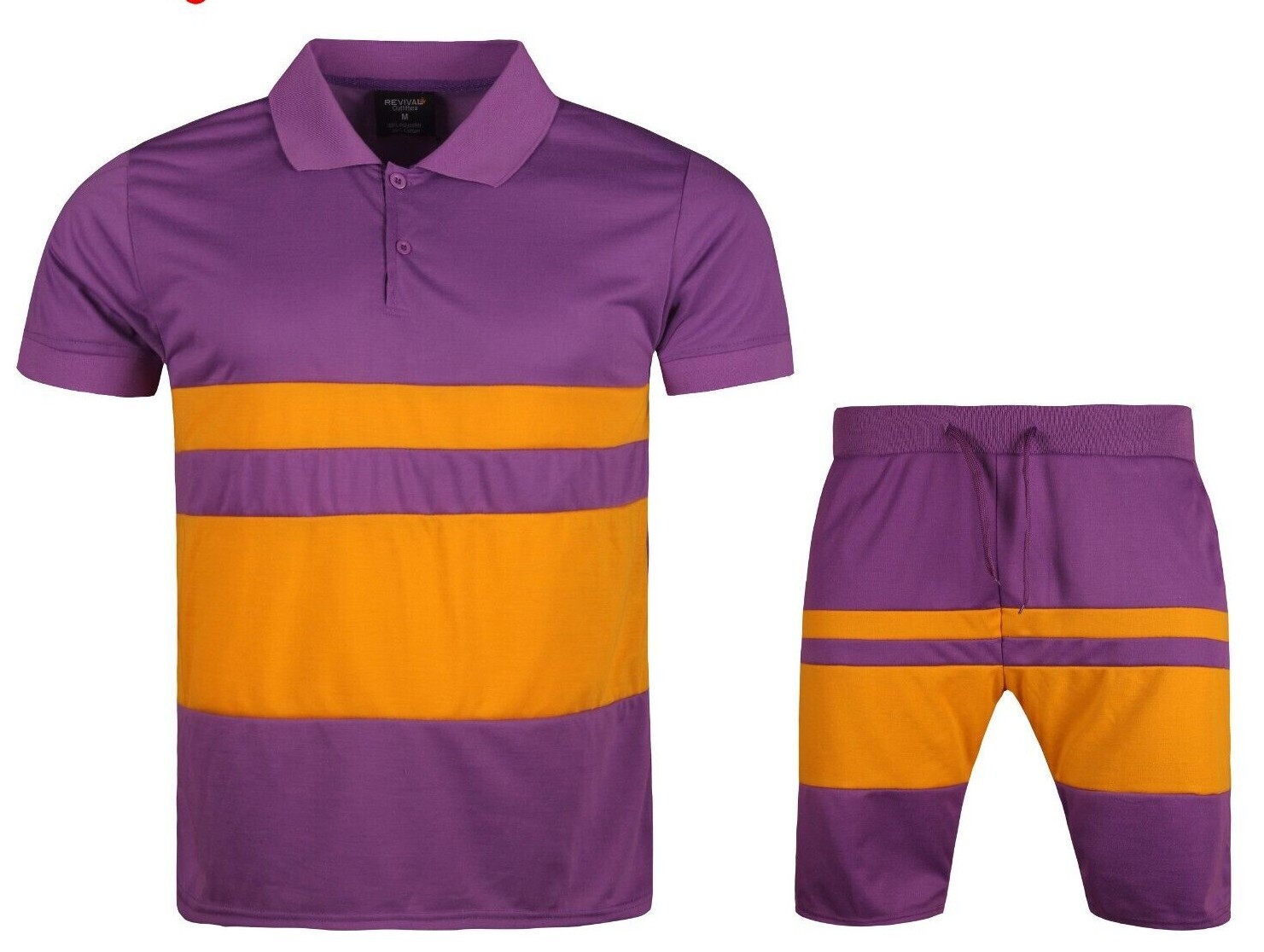 Men’s Summer Color Block Pure Casual 2 Piece Cotton Polo Shirt and Shorts Set