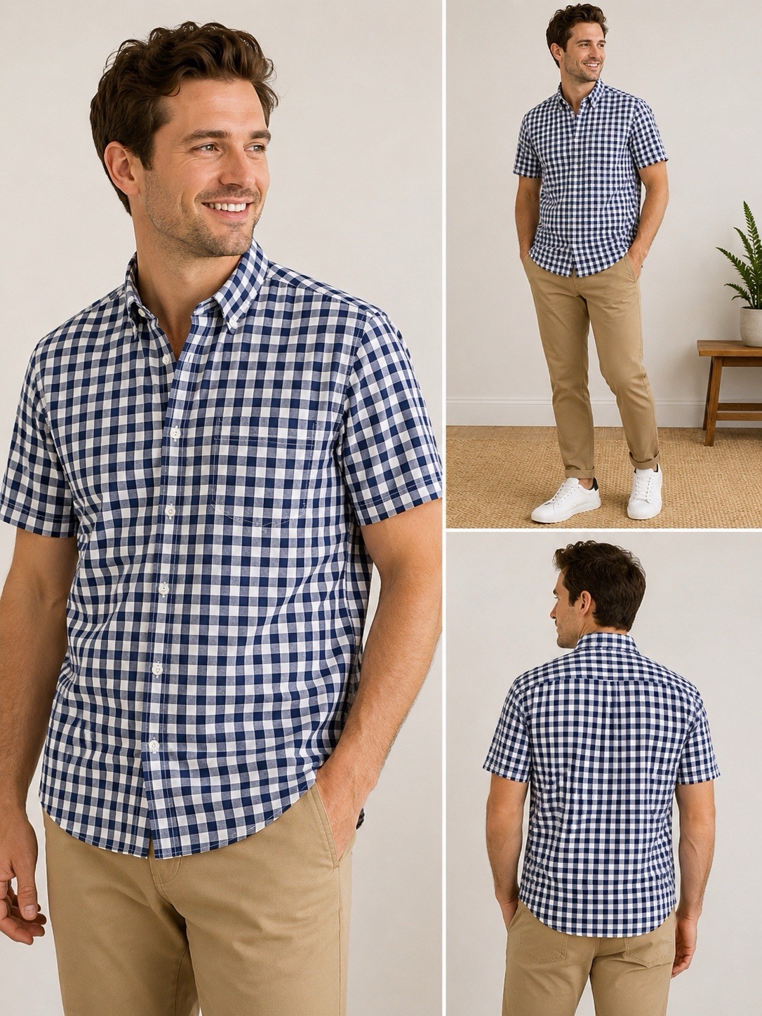 J.Crew Classic Fit Large Blue White Gingham 100% Cotton Short Sleeve Shirt