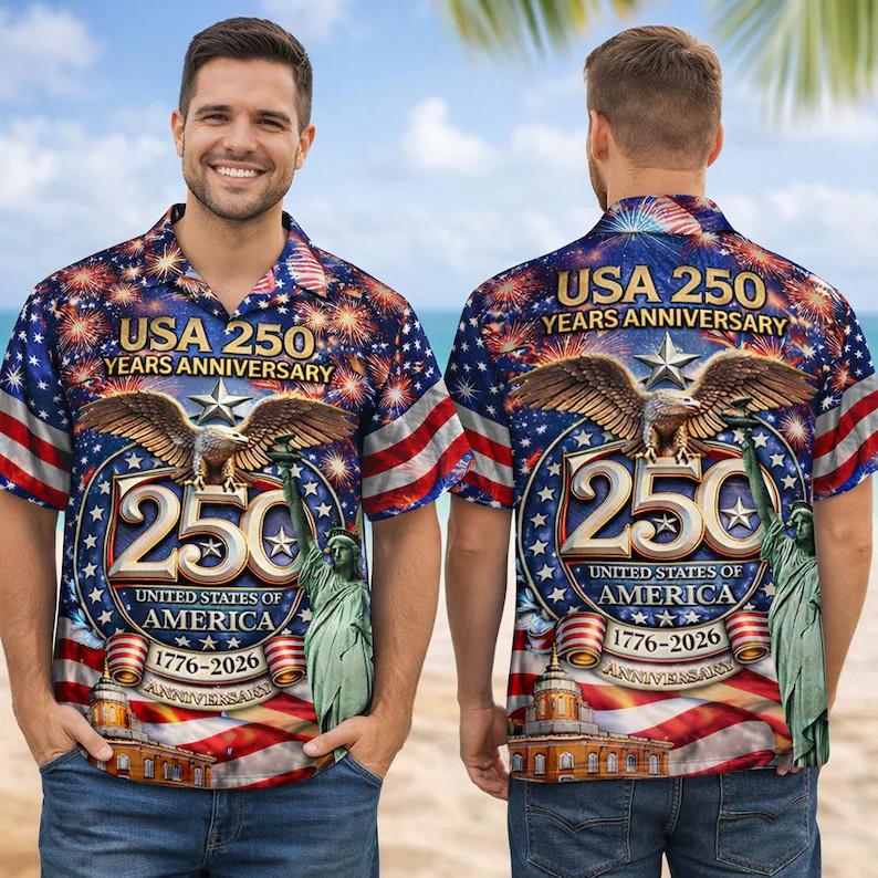 America 250 Patriotic Hawaiian Shirt Vintage 1776 2026 Celebration Button Down