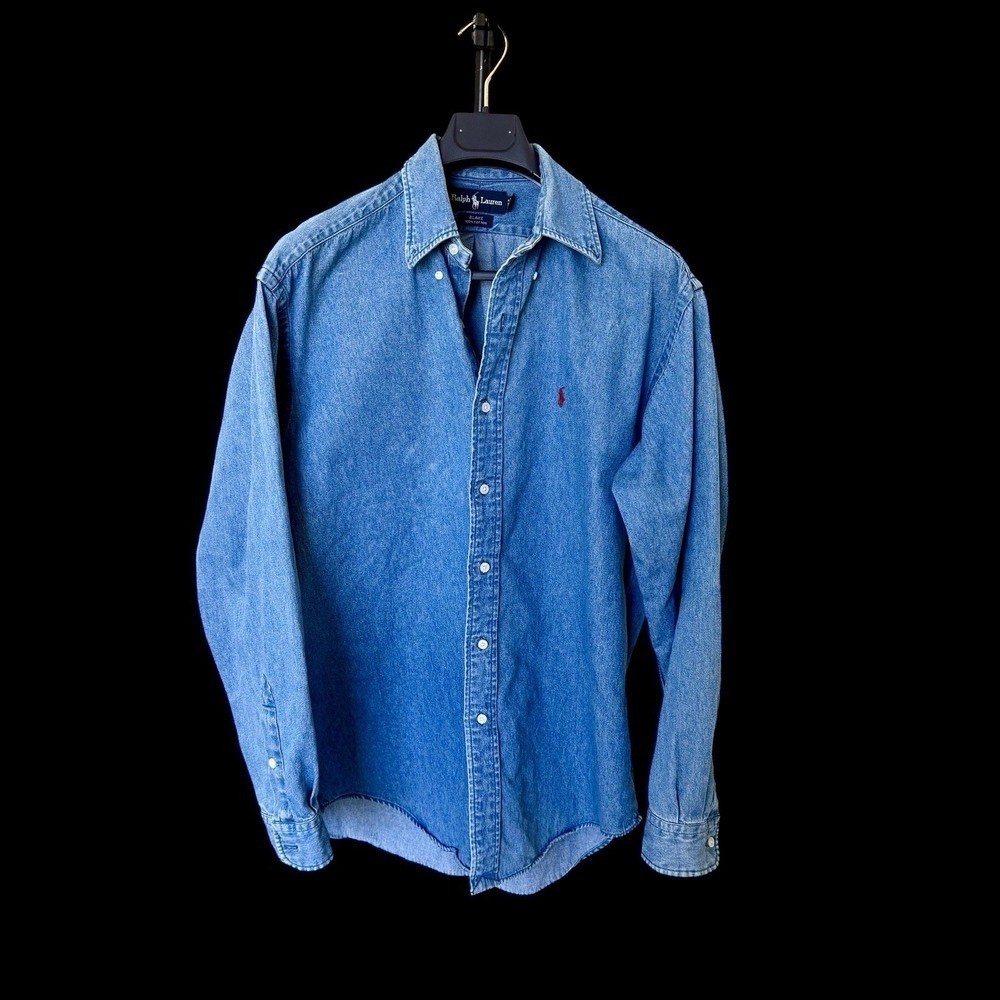 Vintage 90’s Ralph Lauren Polo Shirt Medium Blue Blake Denim Button Up Red Pony