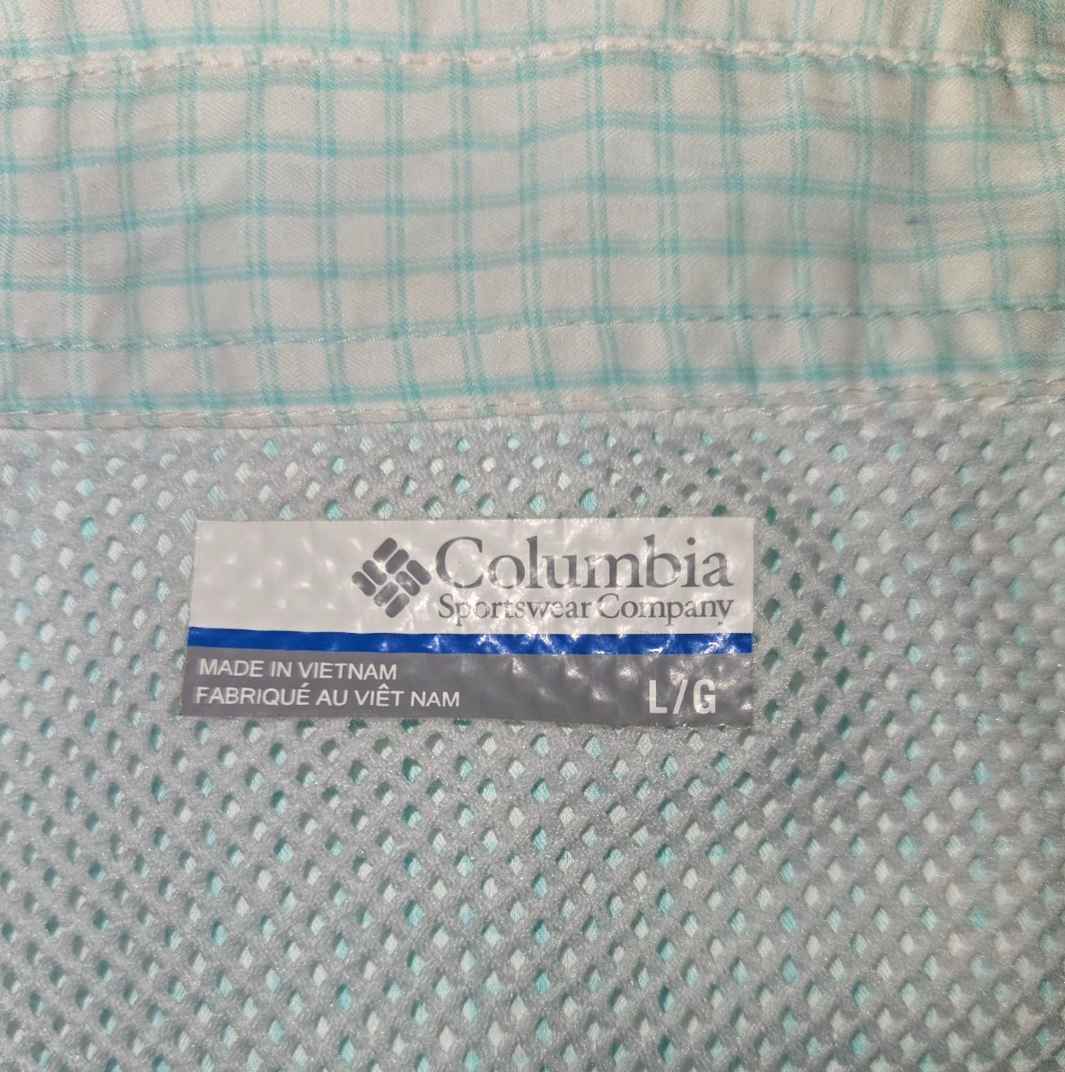 Columbia PFG Fishing Shirt Mens Large Green Teal Plaid Vented Nylon Outdoor