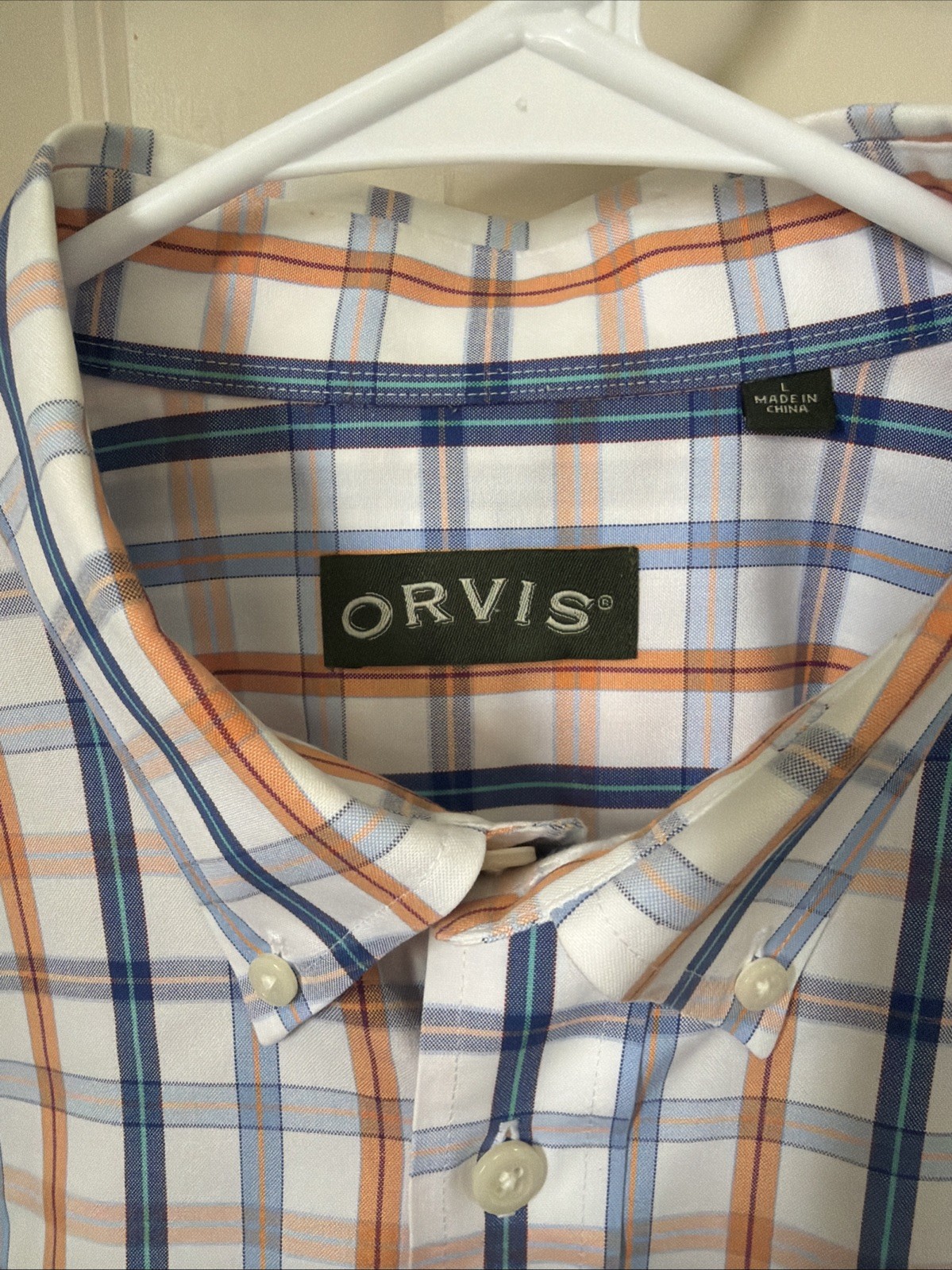 Orvis Men’s White Blue & Orange Plaid Short Sleeve Button Down Shirt Size L