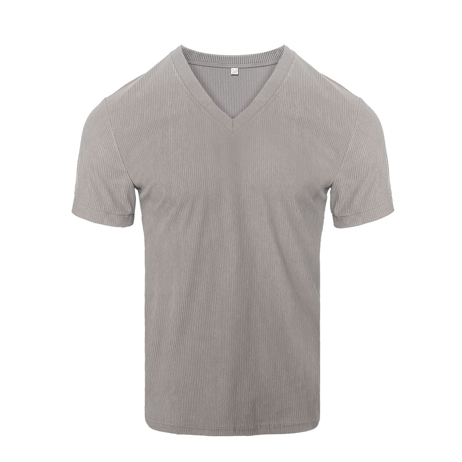 Men’s summer V-neck corduroy short sleeve solid color slim fit casual T-shirt