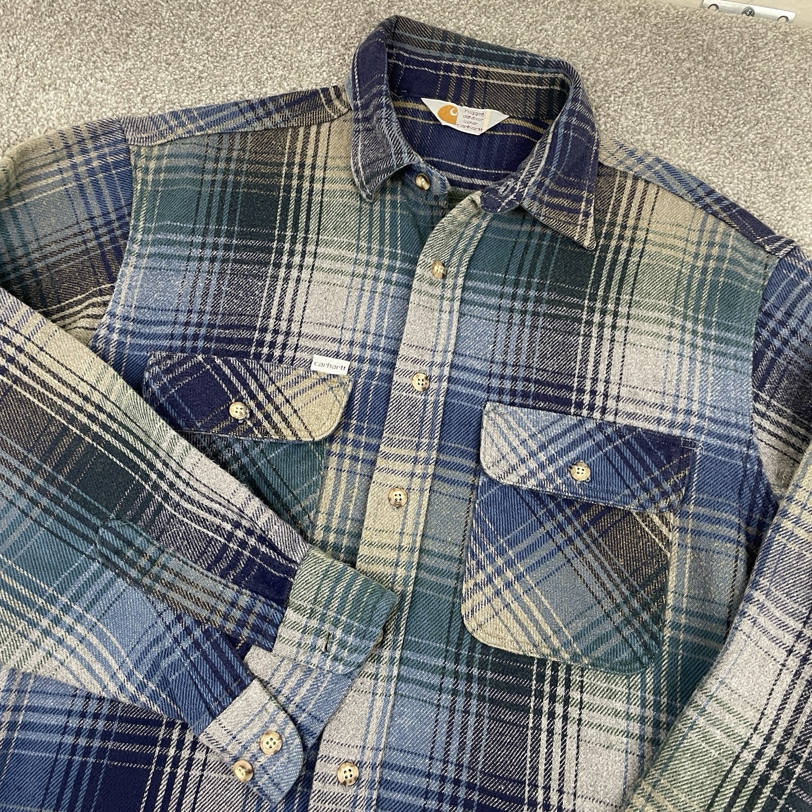 Vintage Carhartt Rugged Outdoor Wear Flannel Shadow Plaid Shirt Men L XL USA 90s