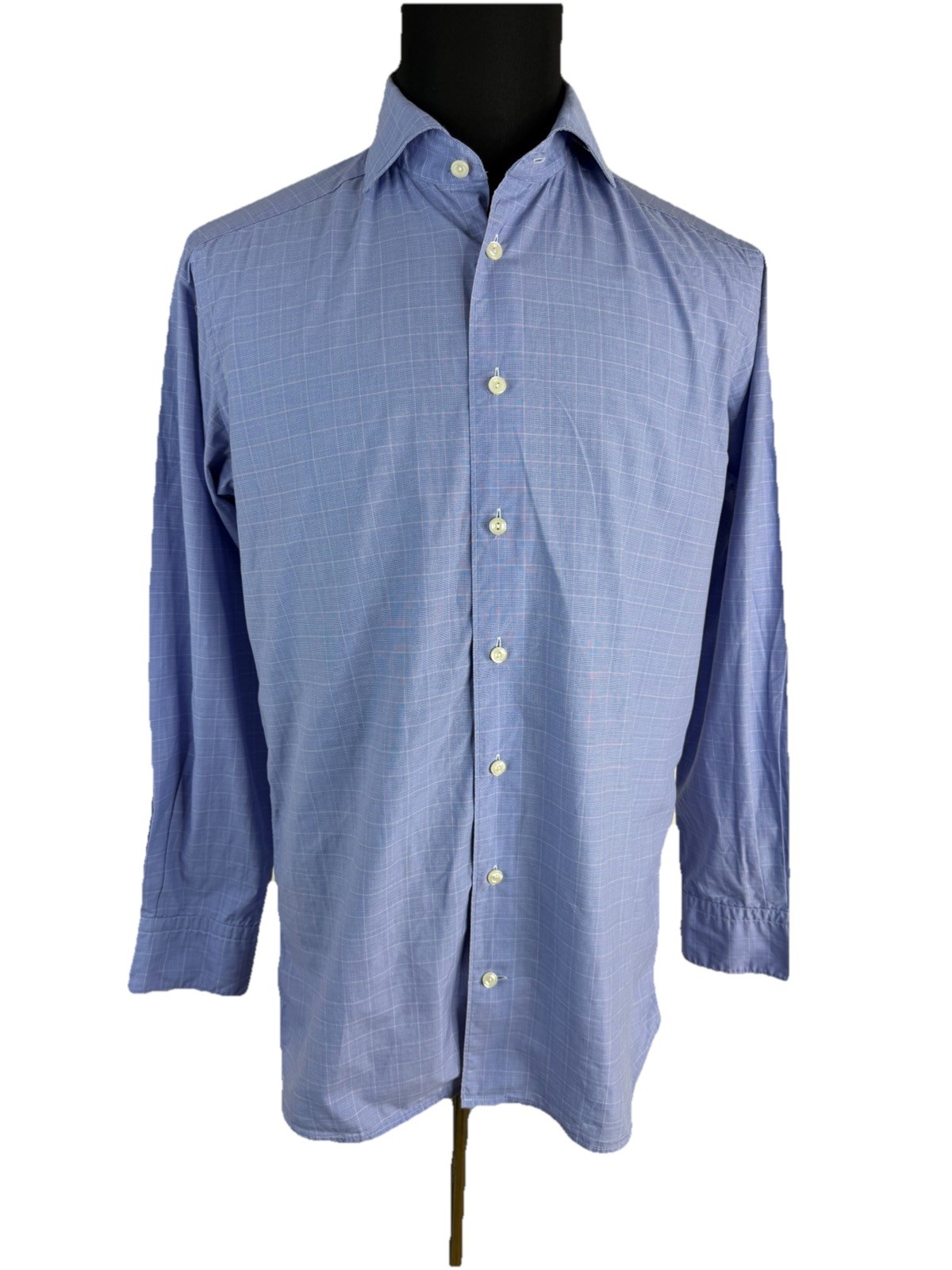 Eaton Dress Shirt Mens Medium 39 15.5 Blue Glenn Plaid Slit Fit Button Up