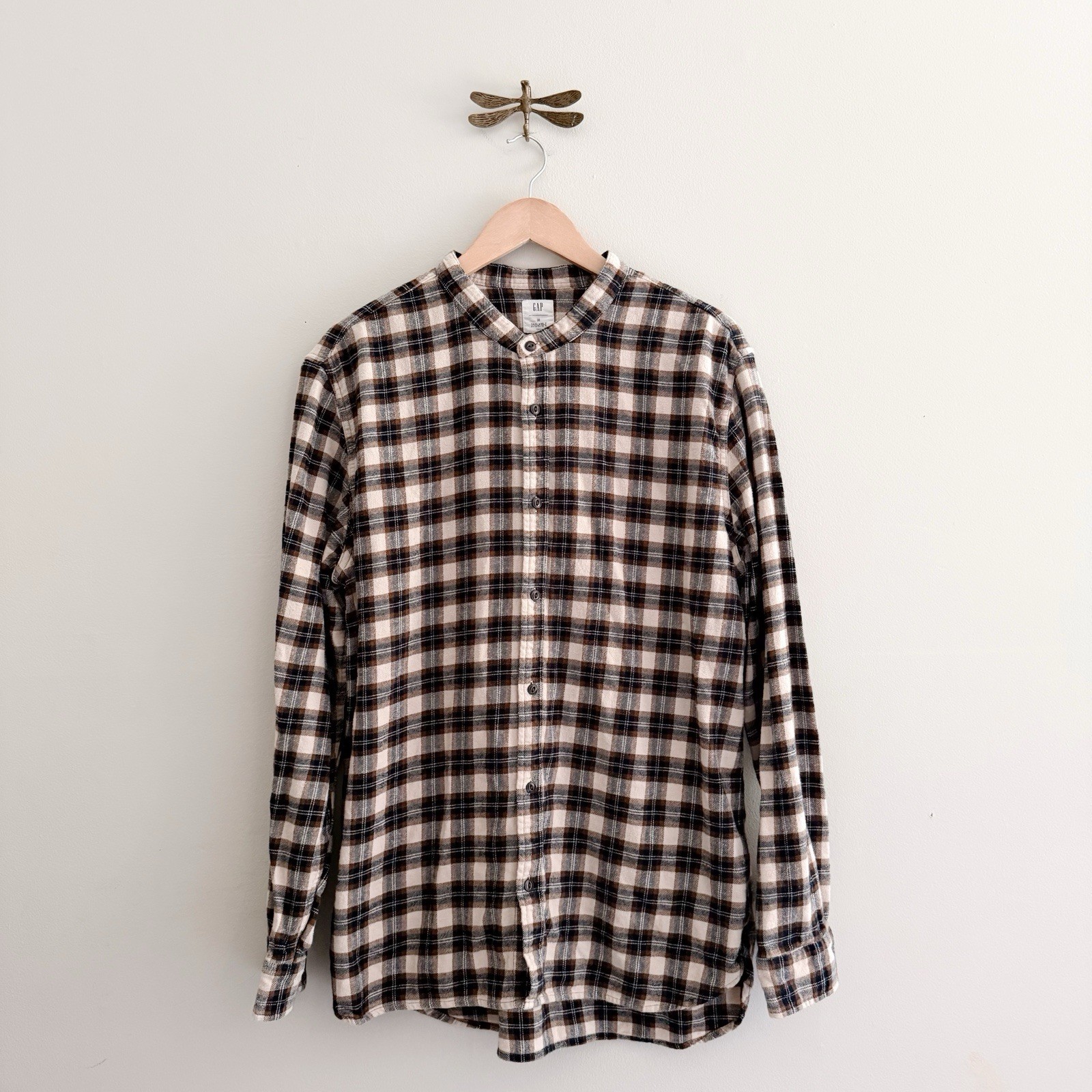 GAP Mandarin Band Collar Plaid Flannel Button Down Mens Long Sleeve Shirt XL
