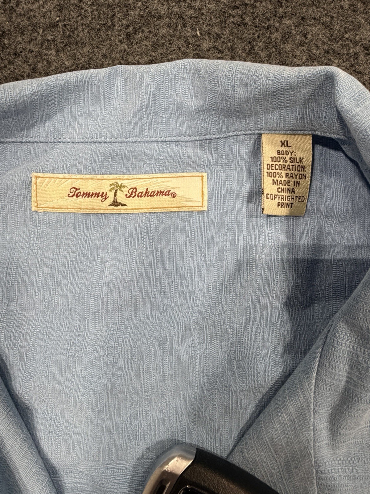 Tommy Bahama XL 100% Silk Camp Shirt Blue Embroidered Back Cocktail Hawaiian