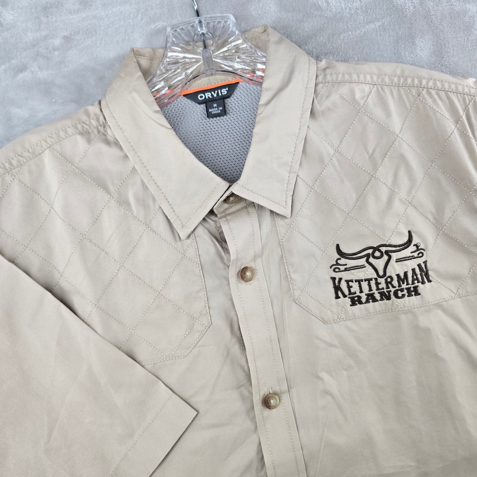 Orvis Button Down Shirt Mens Medium Tan Ketterman Ranch Quilted Short Sleeve