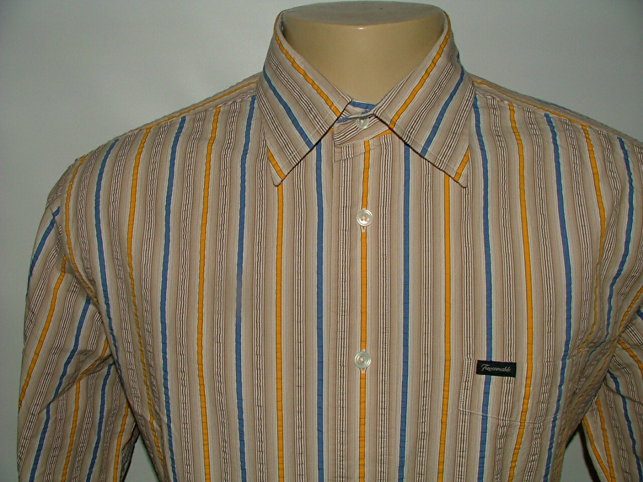 MENS FACONNABLE CASUAL SHIRT SIZE XL 100%COTTON WHITE BLUE BROWN STRIPED #455