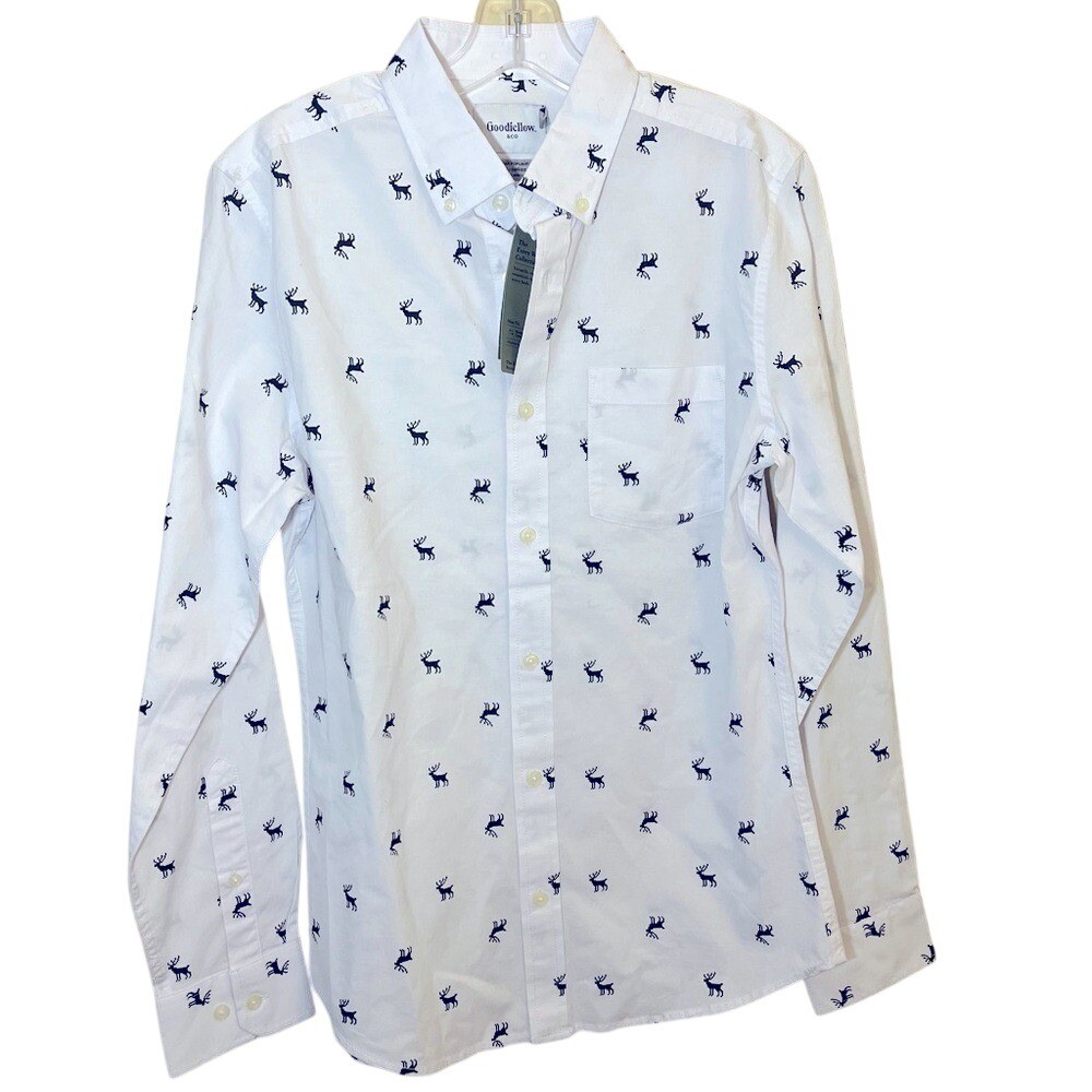 Goodfellow Reindeer Print Long Sleeve Button Down Shirt Mens Small Slim NWT