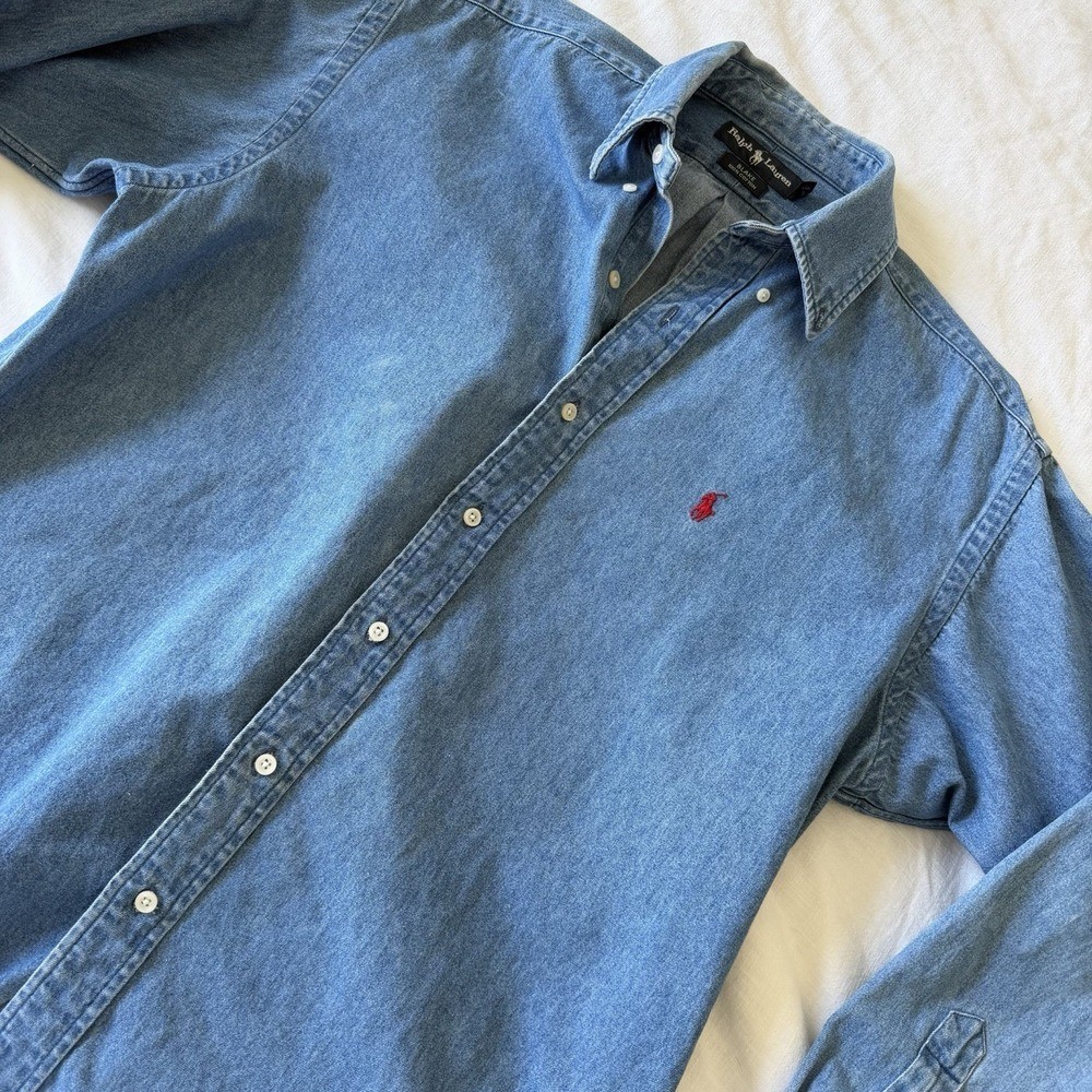 Vintage 90’s Ralph Lauren Polo Shirt Medium Blue Blake Denim Button Up Red Pony