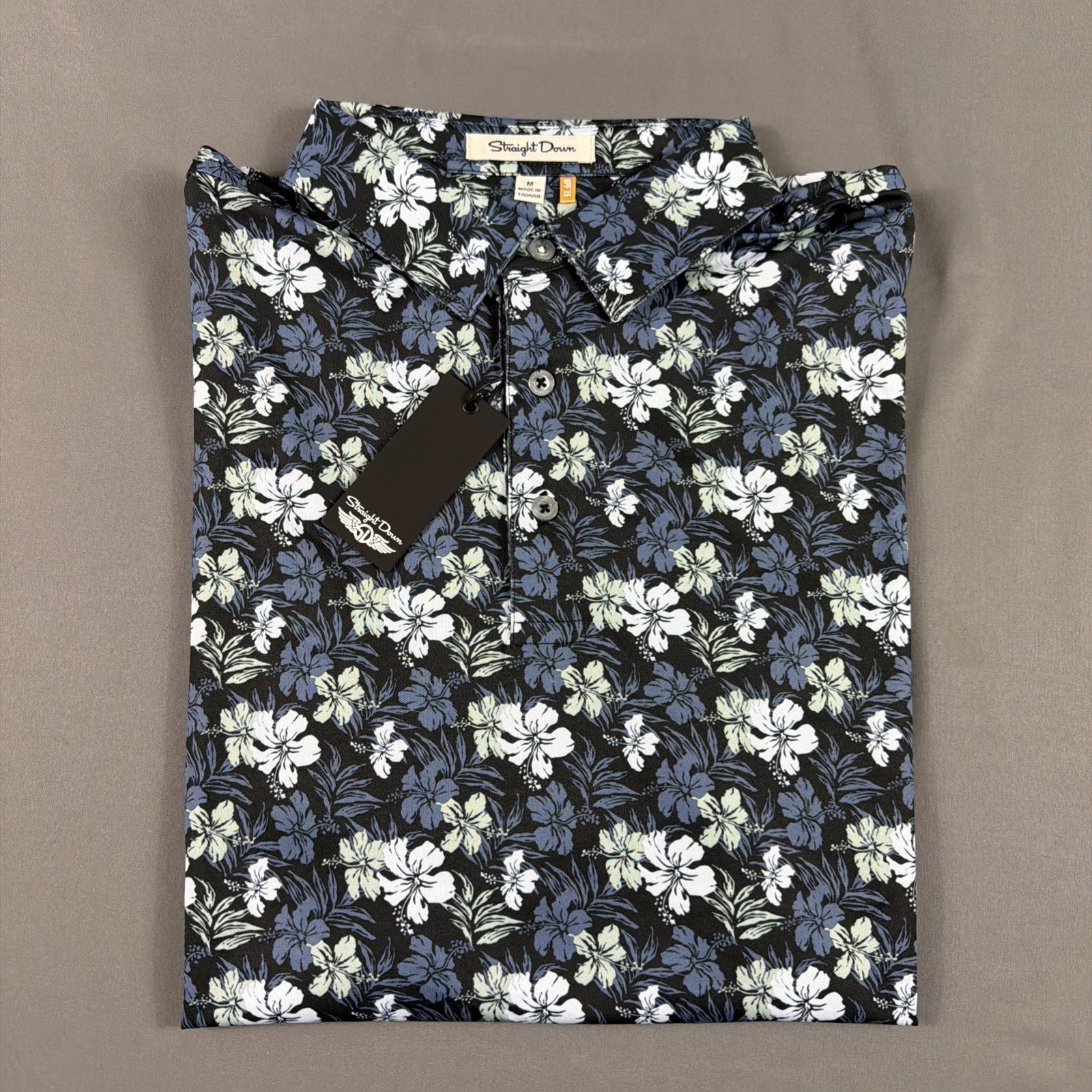 Straight Down Golf Shirt Polo Hawaii 5.0 Print Medium Black Polyester MSRP $110
