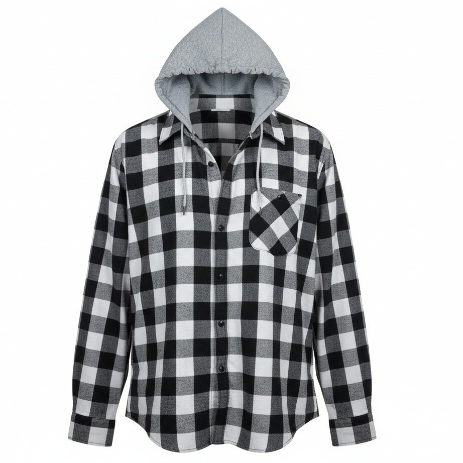 Unbranded Buffalo Plaid Hooded Flannel Shirt Mens 2XL Black White Check