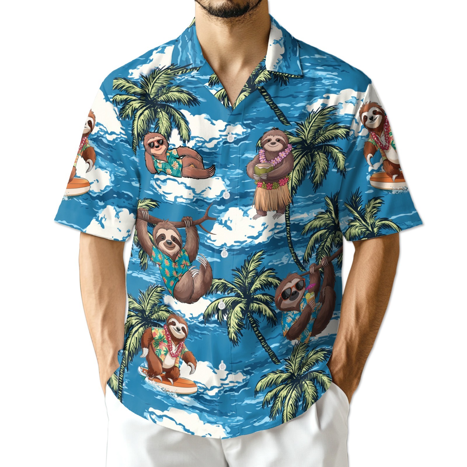Sloth Ocean Hawaiian Shirt Animal Tropical Beach Aloha Summer Gift