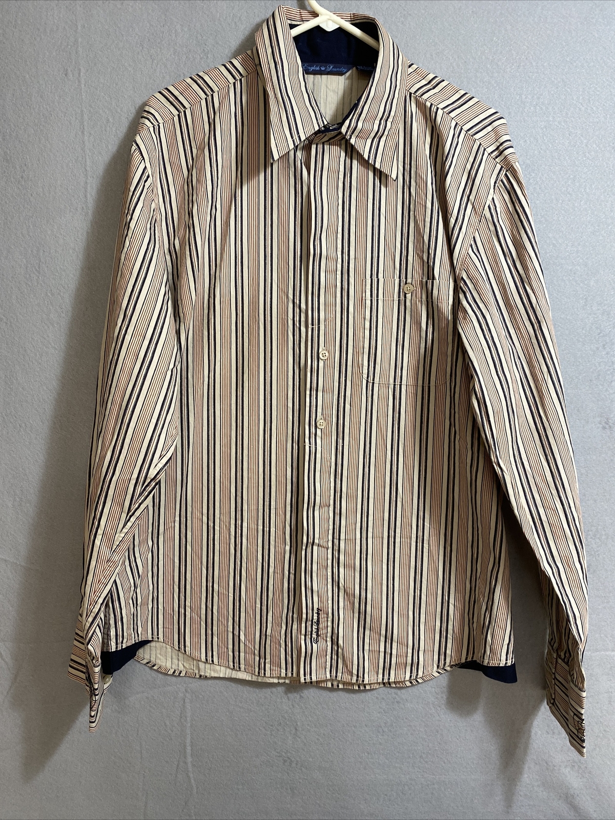 English Laundry Men Button Up Shirt Multi Stripe Embroider Cuffs Long Sleeve L