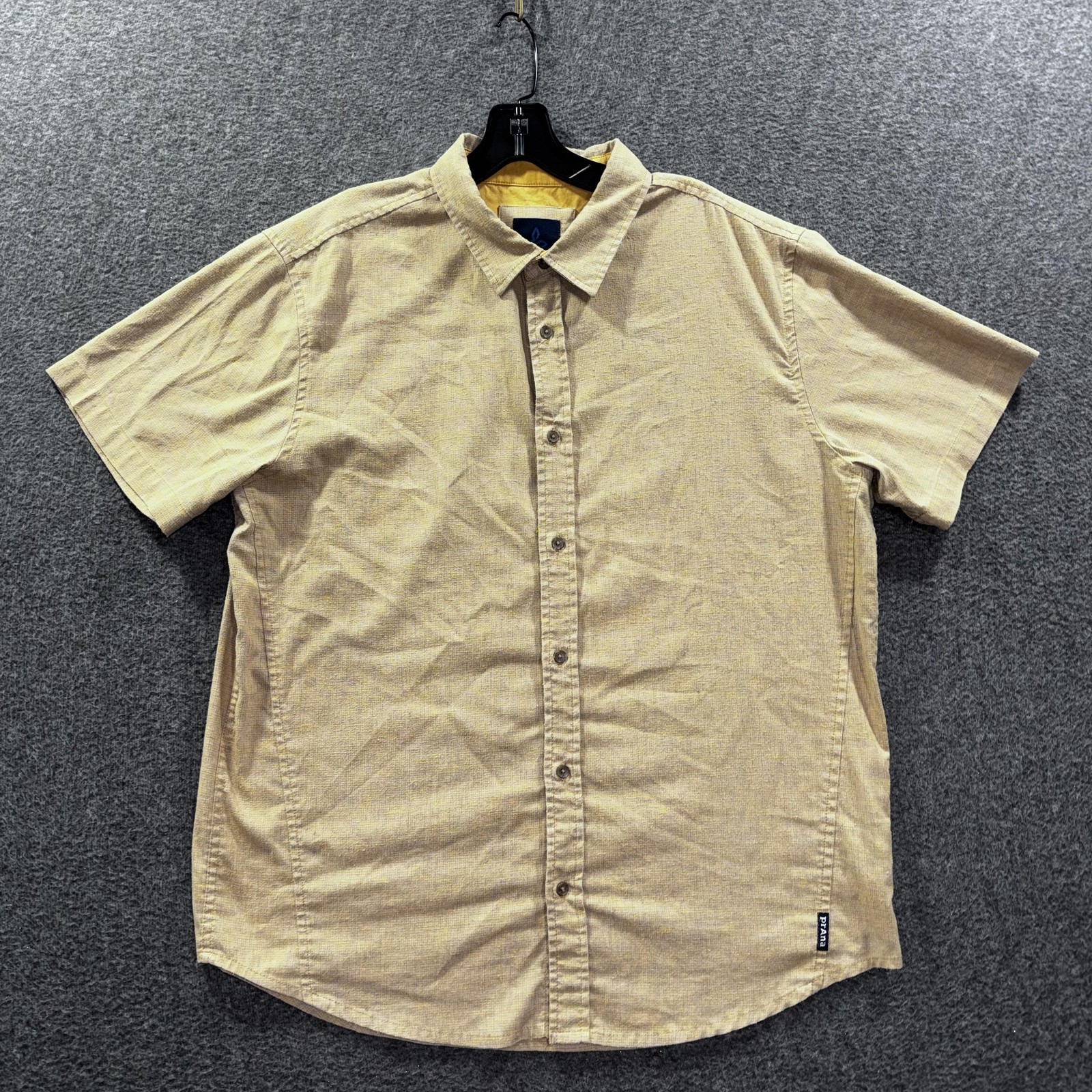 PrAna Shirt Mens Large Beige Hemp Blend Short Sleeve Stretch Button Up Casual