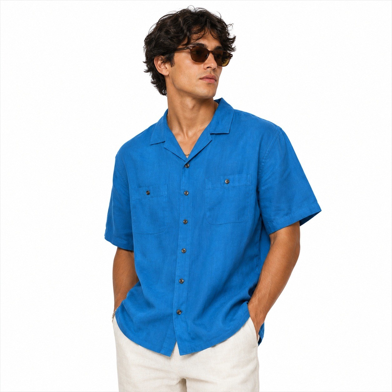 Paul Fredrick Linen Shirt Mens XLT Blue Camp Collar Top Resortwear Tropical Teal