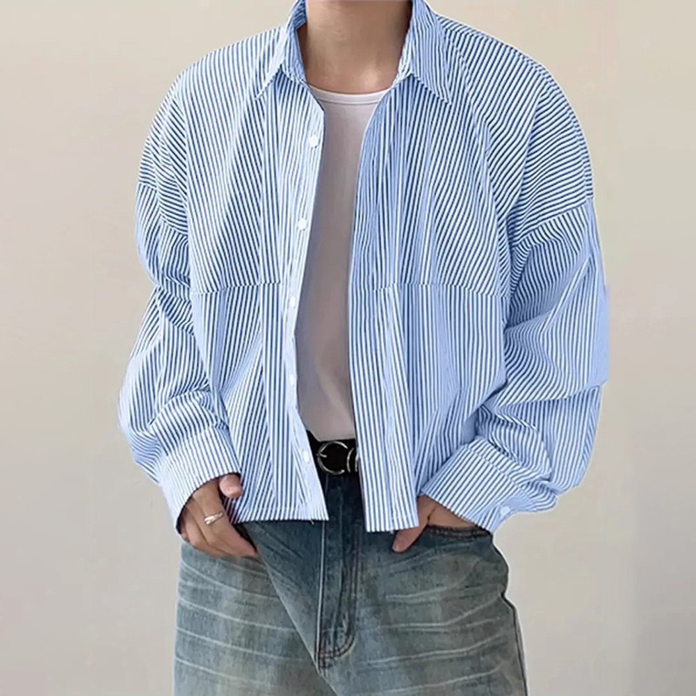 Men Stripe Lapel Long Sleeve Shirt Korean Streetwear Loose Fit Regular