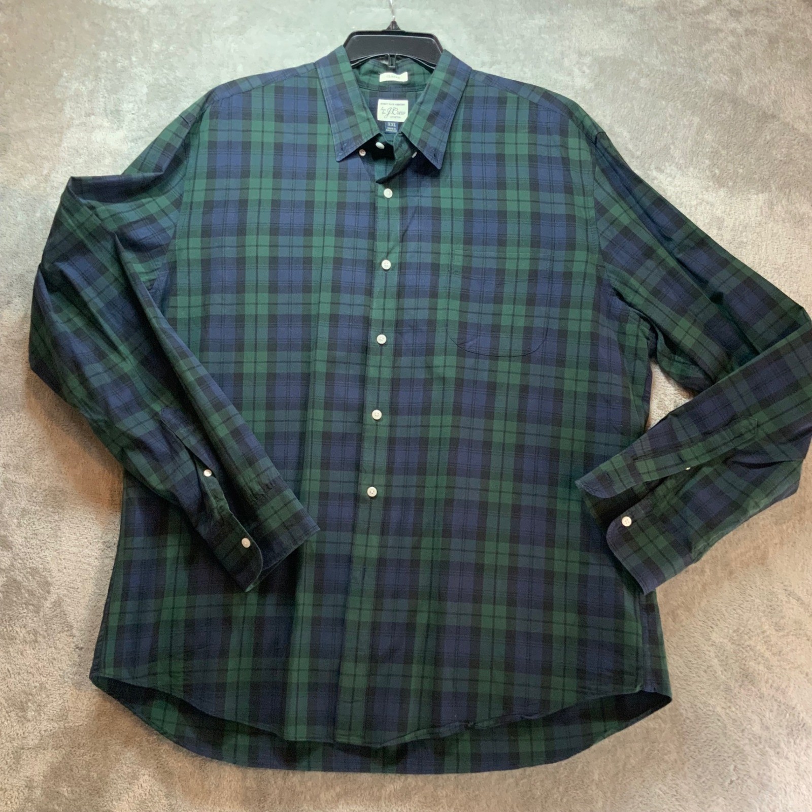 JCrew Men Secret Wash Stretch Shirt XXL Classic Fit Black Watch Plaid Green Blue