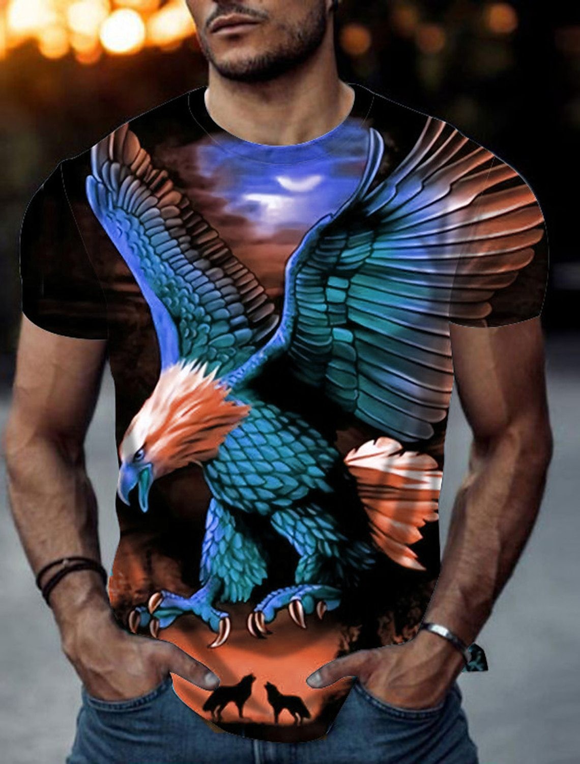 Streetwear style black men’s tiger pattern crew neck printed T-shirt