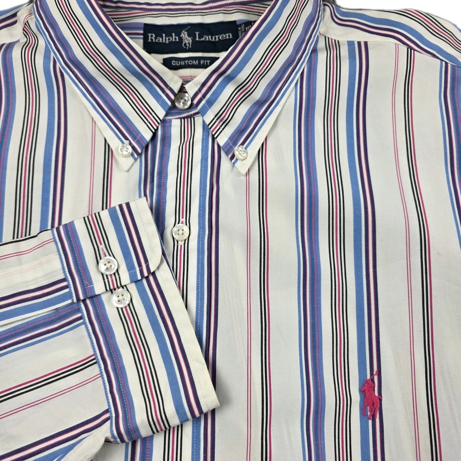 Ralph Lauren Shirt Men’s 2XL Blue Pink Stripe Long Sleeve Custom Fit Pony XXL