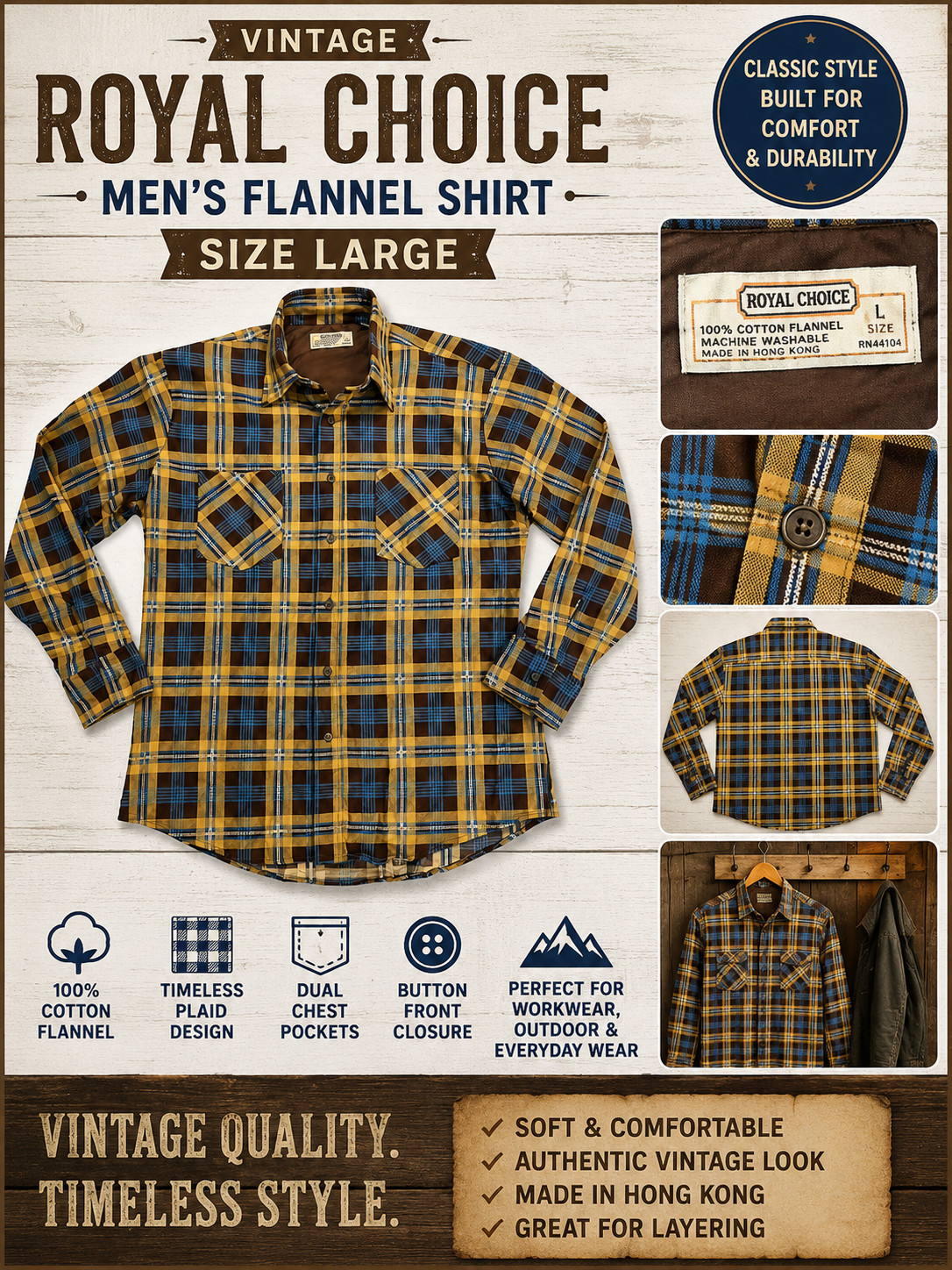 Vintage Royal Choice Flannel Shirt Men L Brown Blue Plaid Cotton Hong Kong 70’s