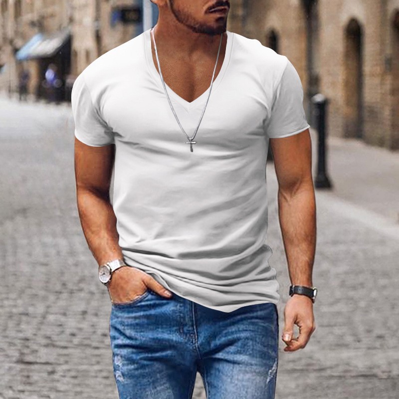 Summer men’s V-neck solid color thin casual T-shirt short sleeve top